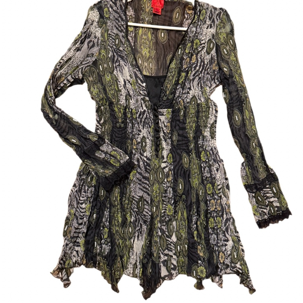 V Cristina Y2K Tunic Dress Sheer Paisley Whimsigoth Boho Lace Trim Mesh Button